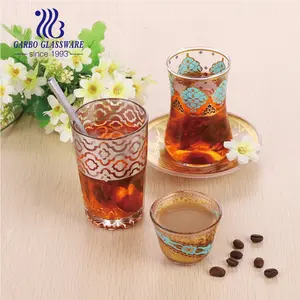 Morocco Style Popular Glassware Custom Golden Decal Arabic Black Tea And Coffee Glass Cup Turkish Glass Cay With Saucer Set