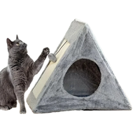 Lit et griffoir 2-en-1 pour chat, maison triangulaire écologique en fourrure, lit dôme pliable et confortable pour chatons, tanière pour chat à motif uni