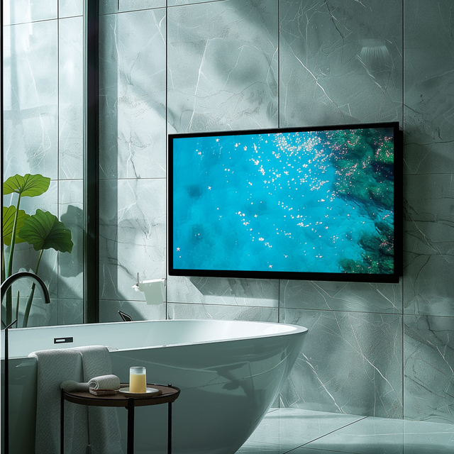 Ultra Slim Wall Mounted Waterproof TV Black Metal Frame Bathroom TV Anti Fog Bathtub Smart TV Luxury Spa Television Display