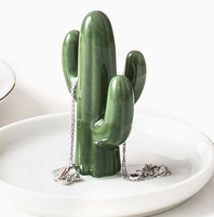 Plateau à bijoux multifonctionnel en céramique, style nordique moderne, motif cactus et lapin, avec bord doré, pour rangement de coiffeuse et support de bagues