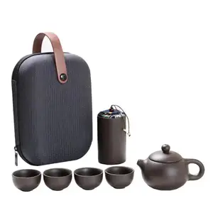Earthenware Purple Sand Concentric Travel Cup Portable Ceramic 4 Cups Teapot Gifts Tea Kettle Storage Pot Cup Set For Tea Gift