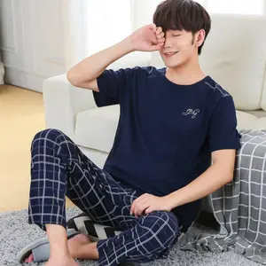 men's 100 cotton short sleeve round neck t shirt plaids pants 2pcs pajama set nightwear for men pj set