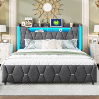Cadre de lit en tissu gris avec éclairage LED RGB, télécommande via application, chargement USB Type C, 4 tiroirs et rangement dans la tête de lit, taille Queen