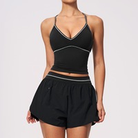 Set Yoga Wanita Terbaru Bahan Brushed Warna Kontras V Neck Halter Sport Bra Pinggang Tinggi Cepat Kering untuk Olahraga Gym Fitness Activewear