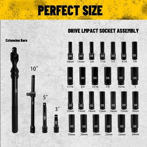 Set Soket Impact Tangan 31 PCS 1/2 Inch, Baja Chrome Vanadium, Soket Dalam, Sambungan Putar 360 Derajat, Batang Ekstensi 3/5/10 Inch - Product Image 2