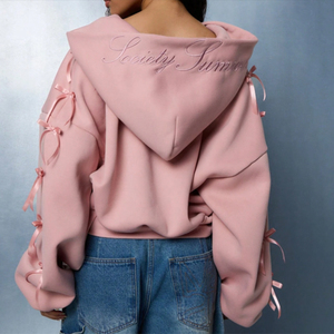 เสื้อฮู้ดแฟชั่นผ้าฝ้ายโอเวอร์ไซส์แบบซิปผูกโบว์ทรงโอเวอร์ไซส์สำหรับฤดูใบไม้ผลิฤดูใบไม้ร่วง - Product Image 2