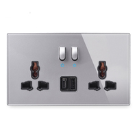 Prise murale double universelle britannique LangYeao 3x6 avec panneau en verre trempé, interrupteur de réinitialisation, type C + USB et lumière LED