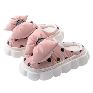 Personalized Winter Home Foot Shoes Black Wave Dot Waterproof Shock Absorption Cotton Slippers With Big Bow