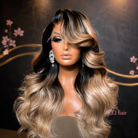Peluca rubia europea estilo Ombre Milk Tea con cabello de bebé rubio ceniza, densidad pre-estilizada, ondas corporales, raíces marrones, pelucas de cabello humano para mujer.