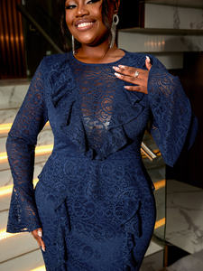 Seksi See Through Ruffles Bell uzun kollu dantel mavi parti kokteyl elbise - Product Image 4