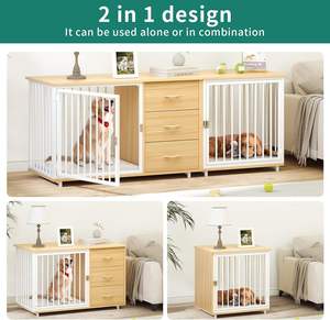 Double caisse en bois personnalisée de luxe pour chiens Support TV de luxe en fer Séparateur de chambre 2 bols mangeoires Cages de table pour animaux de compagnie à motif solide Respirant - Product Image 3