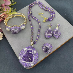 Pietra grezza naturale ametista perla intarsiata abbellire europeo e americano personalizzato nicchia stile retrò Set di gioielli - Product Image 1