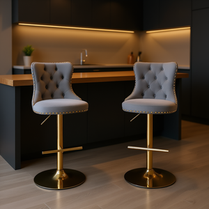 Gray Tufted Bar <b>Stools</b> 25-33 Inch <b>Adjustable</b> Height Golden Swivel Modern Velvet Seat Home Pub Furniture - Product Image 2