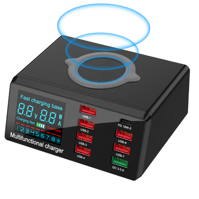 Mobile Phone Fast Charging 8-Port Type-C Multiple USB Charger QC3.0 Wireless Charging and PD 100W Smart Desktop Charging Station