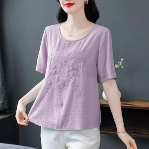 Purple Embroidered Short Sleeve Cotton <b>Linen</b> Blouse Loose Fit Women's <b>Top</b> Daily Wear Casual Style - Product Image 1