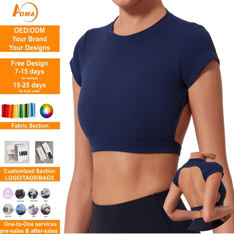 Aoyema Sportswear Women Round Neck Tank Top Hollow Out Back Short Soft Compression Open Back Cropped Quick Dry Yoga T Shirt