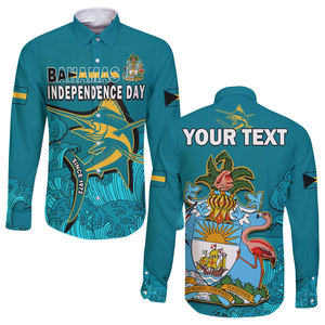 Camisa de Manga Larga Personalizada con Botones para el Día de la Independencia de las Bahamas, Estilo <span class=keywords><strong>Marlin</strong></span> Azul Bahamense Desde 1973, Camisas para Hombre - Product Image 1