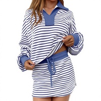 Ensemble Femme Bleu Rayé Polo Manches Longues Col Chemise Short Cordon Preppy Casual Lounge Fournisseur OEM ODM Grossiste