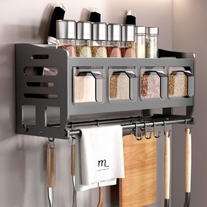 <b>Kitchen</b> Wall Mounted Storage <b>Rack</b> Black 1 Layer No Drilling Multi Function Organizer For Utensils Spices Towel Hooks - Product Image 4