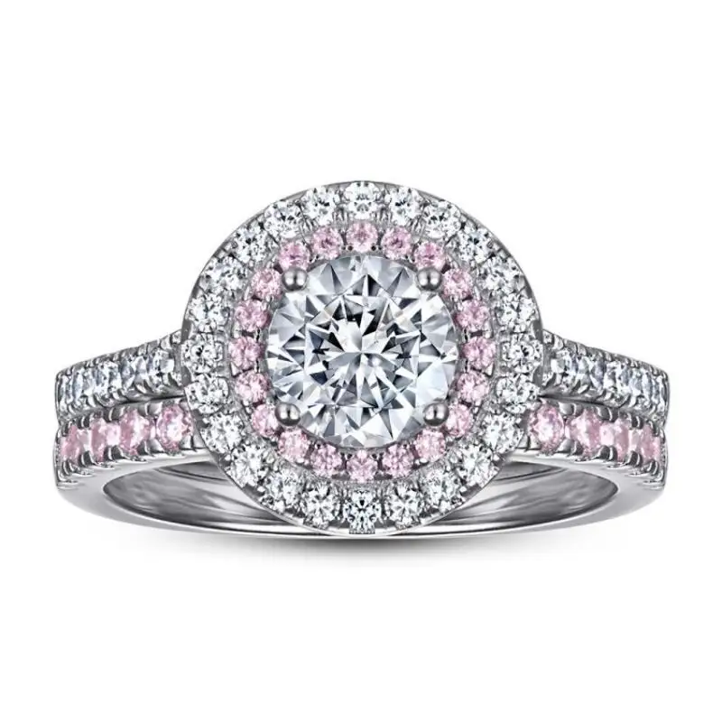 Diseño de nicho completo diamante Rosa circón combinación anillo conjunto plata esterlina 925 anillos de compromiso para mujeres