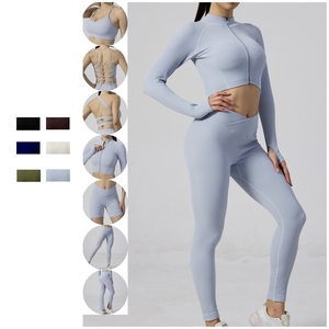 ชุดออกกำลังกายในยิมของผู้หญิงชุดครอปท็อปแขนยาวเลกกิ้งชุดเล่นโยคะไร้ตะเข็บ - Product Image 1