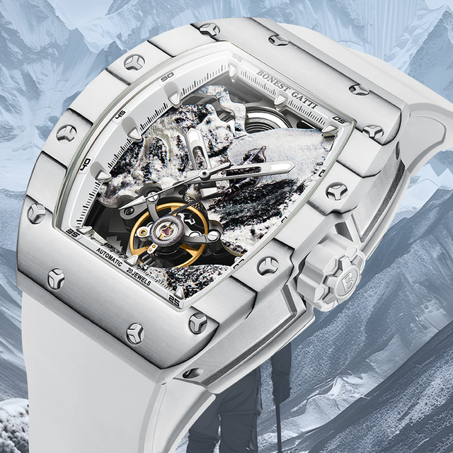 Bonest Gatti Luxury Skeleton Automatic Mechanical Watch 20 Jewels Men's Luminous Dial Waterproof Mountaineering Style BG9002
