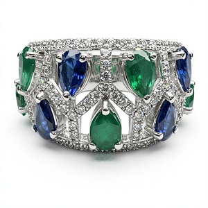 Bague de fiançailles et d'anniversaire classique en or plaqué 18 carats avec émeraude et saphir bleu, et diamants naturels pour femme, plaqué or - Product Image 1