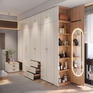 Bestpreis Massivholzgriff Benutzerdefinierte Flachtür Schaukel Kleiderschrank im modernen Stil Weiß Holzmaserung - Product Image 4