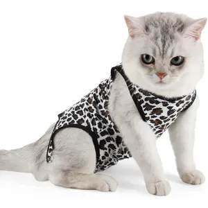 작은 개 외과 Onesie 착용 애완 동물 콘 E 칼라 대안 레오파드 무늬 고양이 수술 회복 세트