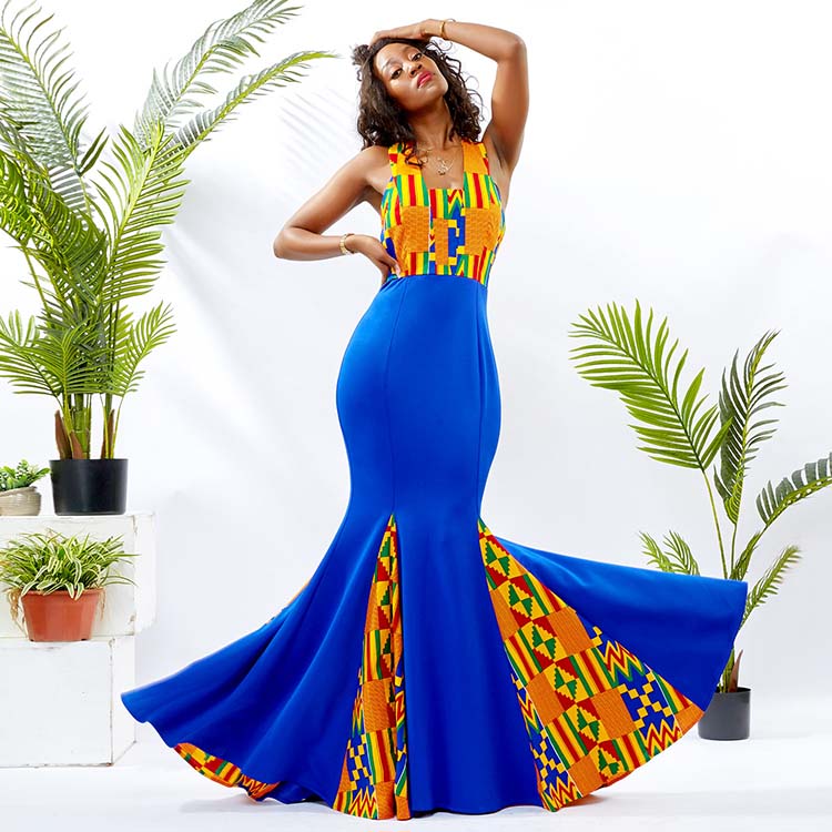 mermaid kitenge dresses Queen Azokam Mermaid Dress (Stretchy Women's Mermaid Dress made In African Ankara Dashiki Kente Multicolored Print Fabric)