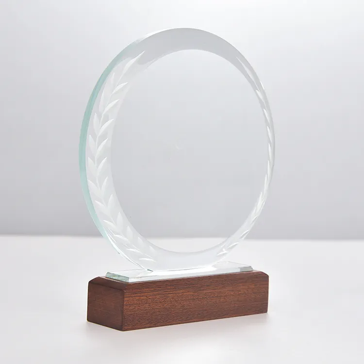 Hochwertiger Farbdruck Crystal Award Glass Trophy mit Holz basis