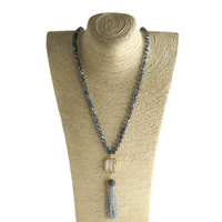 Collar de Moda Bohemia para Mujer, Collar Largo con Cuentas Cuadradas de Vidrio Anudadas, Collar con Borlas de Cristal