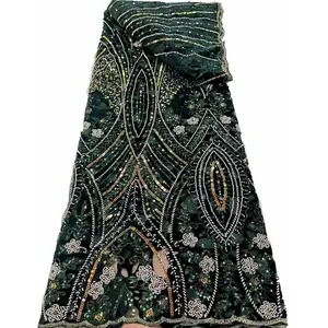 2022独家天鹅绒刺绣珠子法国薄纱网眼蕾丝面料高品质绿色亮片蕾丝面料连衣裙