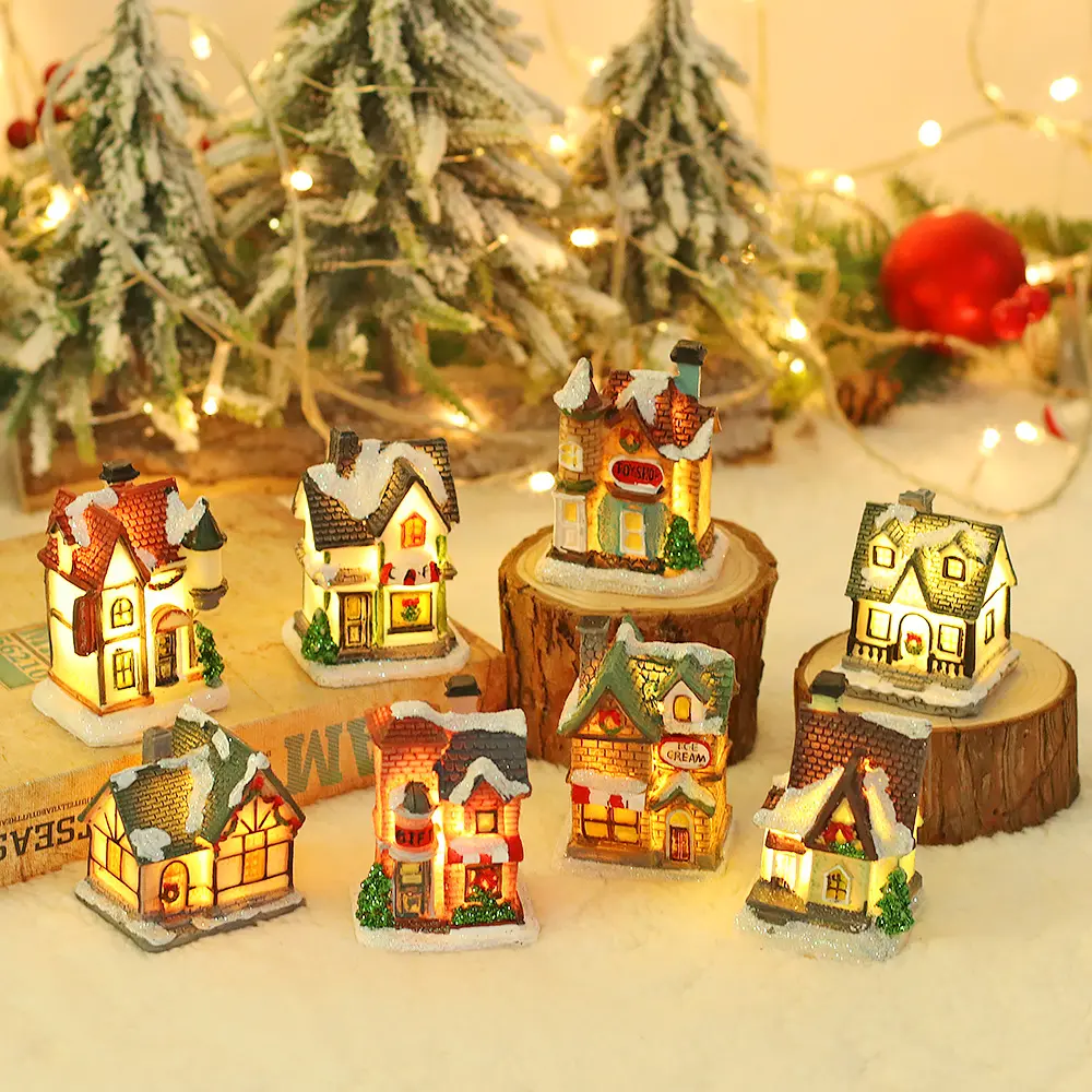 Light Up Christmas Village House Glowing Buildings Miniature Tabletop Ornament Xmas Holiday Decor For Window Fireplace