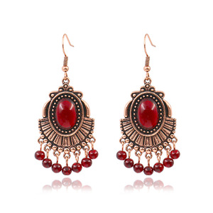 Vintage Alloy Drop <b>Earrings</b> <b>Red</b> Stone Bezel Setting Antique Bronze Plated Women's Party Jewelry Geometric Design - Product Image 5
