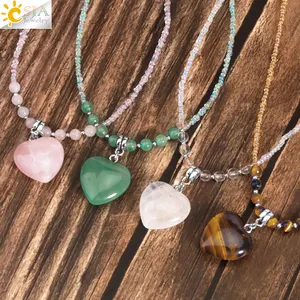 CSJA Wholesale Natural Stone Healing Pink Heart Pendant Fashion Jewelry Crystal Glass Beads Necklaces for Women T024