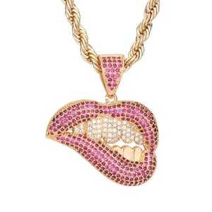 Collana con ciondolo a forma di labbra rosa placcato oro 14K in ottone, con micro pavé di zirconi, catena a corda, gioielli hip hop in rame per donna - Product Image 1