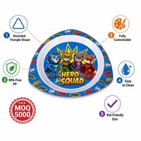 Assiette à dîner triangulaire en plastique pour enfants avec impression de dessin animé personnalisée, qualité alimentaire, sans BPA, PP, forme triangulaire, assiette pour tout-petits
