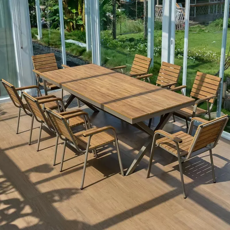 Hoge Kwaliteit Buiten Wijngaard Patio Meubilair Aluminium Eetkamer Set Met Tafel En Stoel Voor Tuin Bruin