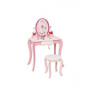 Ensemble de table de toilette pour enfants avec miroir rotatif à 360 degrés et tabouret pour enfants, design traditionnel en bois D0100HA5V4W - Product Image 1
