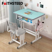 Ensemble bureau et chaise pour enfants avec barre de soutien, structure métallique et plateau à crayons, hauteur réglable pour l'école et les études