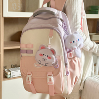 Sac à dos décontracté pour femme, bicolore bleu et rose, avec poche à boucle et breloque en peluche, vente en gros