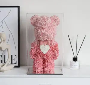 QSLH Ti203 Pink Beruang Teddy Mawar dengan Kotak Plastik Diawetkan Bunga Mawar Beruang Mewah Mawar Beruang Teddy untuk Hari Valentine