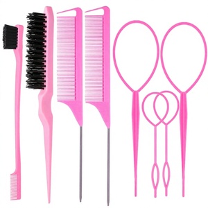 Ensemble professionnel de 8 brosses à cheveux, outils <span class=keywords><strong>Topsy</strong></span> <span class=keywords><strong>Tail</strong></span>, brosses à touffes, peignes à queue de rat en plastique et métal pour le contrôle des bords - Product Image 1