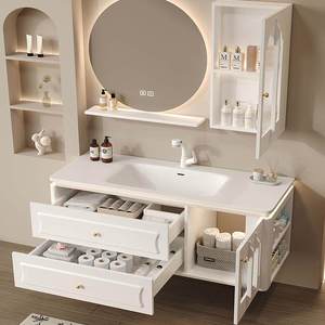 French style rock slab ceramic integrated basin intelligent LED lighting <b>mirror</b> milk oil wind storage bathroom cabinet - Product Image 4