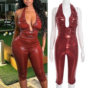 FS18114D <strong>Sexy</strong> PU <strong>Leather</strong> <strong>Outfits</strong> Women Tops and Pants Two-piece Set - Product Image 1