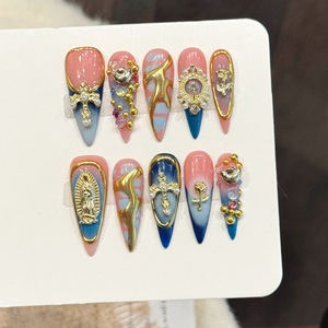 <span class=keywords><strong>Uñas</strong></span> <span class=keywords><strong>Postizas</strong></span> Acrílicas Hechas a Mano, Estilo Francés, con Diseño de Flores Talladas, 10 Piezas, Cobertura Completa, Pre-Adhesivas - Product Image 4