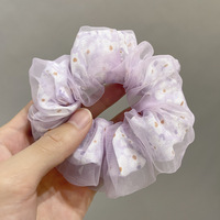 Aksesoris Ikat Rambut Elegan, Kain Cetak Bunga Floral Berlapis Ganda dari Kain Kasa untuk Musim Semi dan Musim Panas