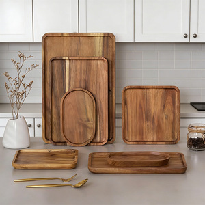 Plateaux de service en bois d'acacia rectangulaires ovales, taille personnalisable, pour servir les aliments, utilisation en cuisine - Product Image 1