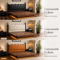 Lit flottant moderne et minimaliste avec tête de lit ondulée rembourrée, bande lumineuse LED chaude, cadre en bois massif, lit king-size en cuir de luxe